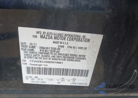 2011 Mazda Mazda6 I Grand Touring z USA, uszkodzony, nr VIN 1YVHZ8CH6B5M19981